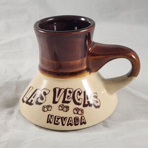 Vintage No Spill Travel Mug Brown Drip Glaze Ceramic Las Vegas Dice